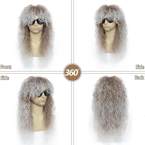 Rock Wig for 80s Costume Men and Women Curly Wavy Rocker Wig with Bangs Hippie Party Funny Wig for Halloween Themed Party Retro Concerts Costume Parties (Brown Gradient White) - color: 3-Brown Gradient White
