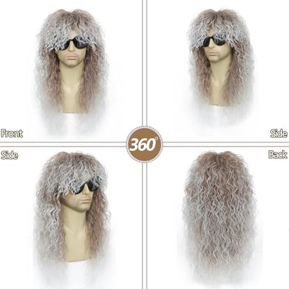 Rock Wig for 80s Costume Men and Women Curly Wavy Rocker Wig with Bangs Hippie Party Funny Wig for Halloween Themed Party Retro Concerts Costume Parties (Brown Gradient White) - color: 3-Brown Gradient White