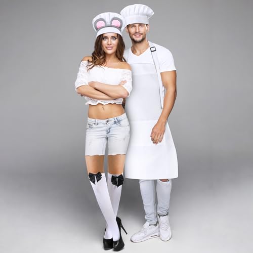 Ramede 6 Pcs Halloween Mouse Couple Chef Costume Accessories for Adult Include Mouse Headband Tail Bow Socks Adjustable Chef Hat Apron for Women Men Halloween Cosplay Party Dress Up