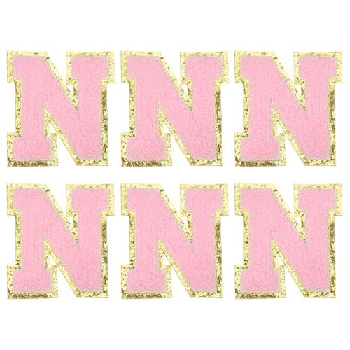 MECCANIXITY Chenille Letter Patches 3.1" Alphabet N Iron on Embroidered Patch Sew on Letter Stickers Applique for Repairing Clothing Jeans Shoes Hats DIY(Pink, Pack of 6) - style: Letter-N