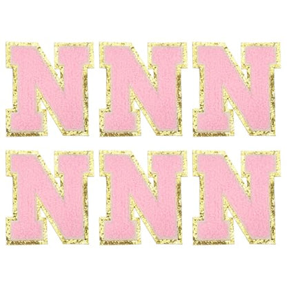 MECCANIXITY Chenille Letter Patches 3.1" Alphabet N Iron on Embroidered Patch Sew on Letter Stickers Applique for Repairing Clothing Jeans Shoes Hats DIY(Pink, Pack of 6) - style: Letter-N