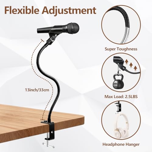 BILIONE 2 In 1 Gooseneck Mic Stand with Phone Clip, 13 Inch Flexible Mic Arm Desk Mount for Podium, Lecture, Podcast, Studio, Microphone Holder Compatible with Shure SM58, Beta 58A, Samson Q2U