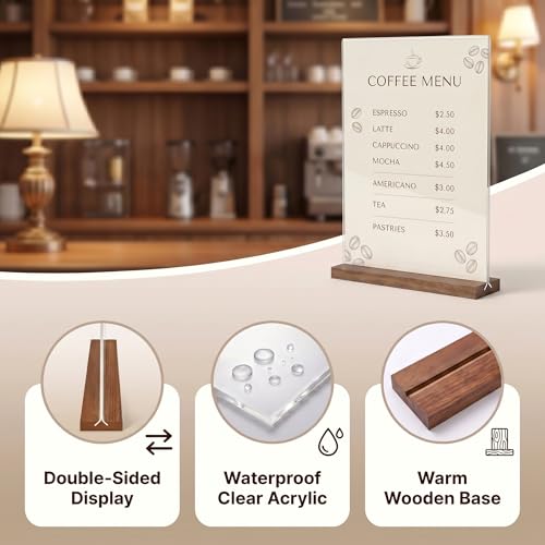 Acrylic Sign Holder 8.5 x 11 with Wooden Base, Double-Sided Horizontal Menu Display Stand, T-Shape Clear Paper Holder for Restaurant Cafe Office Wedding, 3 Pack