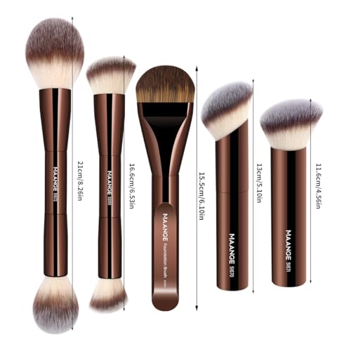 MAANGE 5 PCS Foundation Makeup Brush Set Double-ended Kabuki Mask Contour Brush for Liquid Powder Concealer Cream Cosmetics Blending Makeup Brushes (Coffee) - color: Coffee - 5Pcs