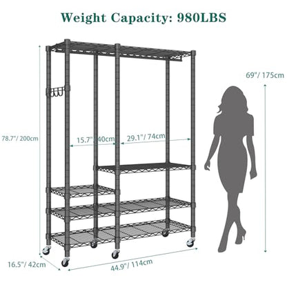 5 Tiers Wheel Portable Heavy Duty Garment Rack | Wire Adjustable Rolling Clothing Rack with Lockable Wheels & 2 Hanger Rods, Max Load 850LBS, Black - color: Black, size: A3W: 5 Tiers with 1 Rods,44.9"L x 16.5"W x 78.7"H