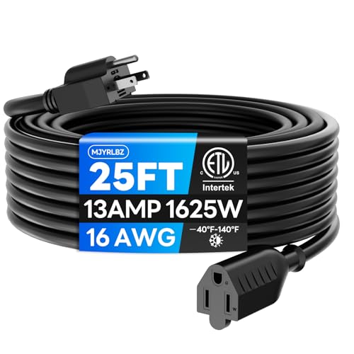 25 FT Indoor Outdoor Extension Cord - Heavy Duty 16/3 Gauge, Waterproof Weather Resistant, 3 Prong, 13A 1625W SJTW, ETL Listed - Perfect for Holiday Lights, Lawn Care, and Power Tools