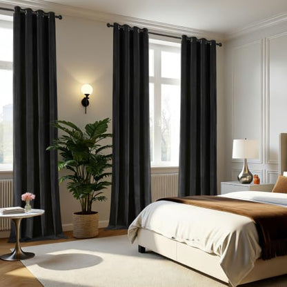 Joydeco Black Velvet Curtains 63 Inches Long, Luxury Grommet Blackout Curtain 2 Panels, Thermal Insulated Privacy Room Darkening Window Drapes for Bedroom Living Room Home Theatre (52Wx63L) - color: *Grommet | Black, size: 52"W x 63"L (Pack of 2)