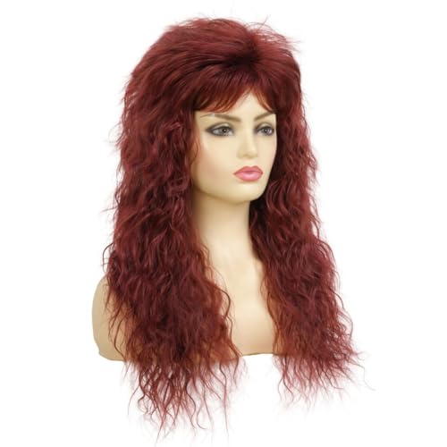 Red Long Curly Wig for Women 80s Rocker Wig with Bangs Synthetic Heat Resistant Wigs for Halloween Costume Cosplay Use - color: Red