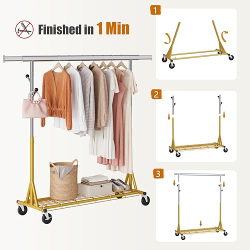Gewudraw Clothes Rack Heavy Duty 530 LBS Capacity, Portable, Foldable, Gold | Rolling Clothing Rack With 4" Wheels,Shelf, Hooks, Adjustable, Collapsible, Garment Rack for Wardrobe,Bedroom, Laundry Room - color: Gold, style: Single Rod