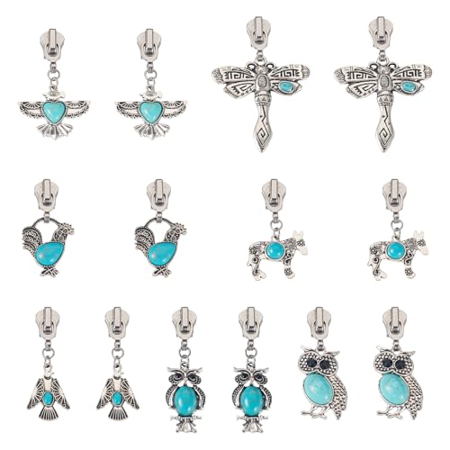 Sparkeads 14Pcs Turquoise Alloy Zipper Replacement Slider,Antique Silver Zippers Sliders for Sewing,Metal Zipper Pull Replacement for DIY Craft Bag Luggage Clothing Wallet Jacket Supplies-Animals - style: Animals