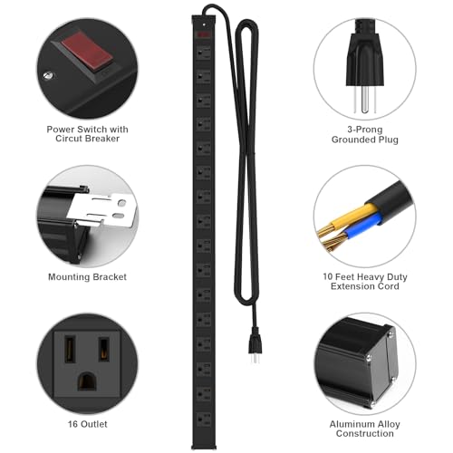 QBA 16 Outlet Metal Power Strip, Long Power Strip with 10FT Extension Cord, Wall Mount Heavy Duty Power Strip for Home Office Garage Warkshop, ETL Certified, Black