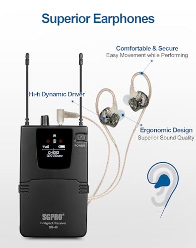 SGPRO Wireless in-Ear Monitor System, IEM System Mono with Metal Transmitter, Bodypack Receiver Monitor Earphones, 85 Adjustable Frequencies 262ft Operation for Bands, Studio & Events