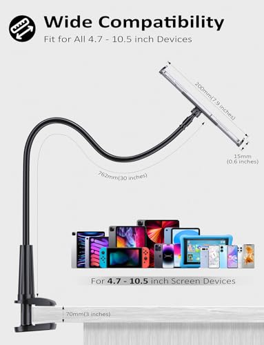 Tryone Gooseneck Kindle&Tablet Holder for Bed Hands-Free Reading on Bed Headboard for iPad, Kindle, and Switch, Flexible 30in Al-Mg Alloy Clamp Arm Stand for Tablets 4.7-10.5 in, Phone - Black - 30in - color: Black