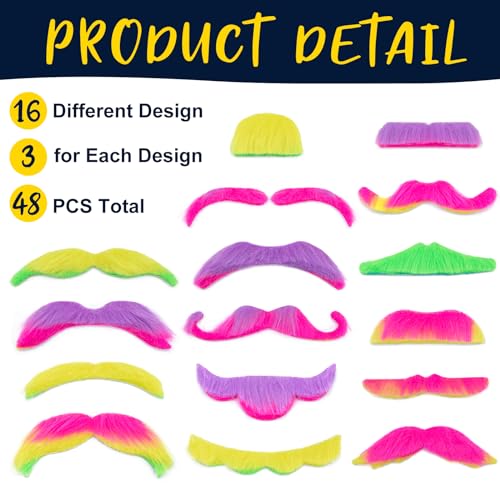48 Pcs Fake Mustaches, Self Adhesive Fake Beard, Novelty Hairy Beard, Costume Facial Hair for Halloween Party - color: Color+black