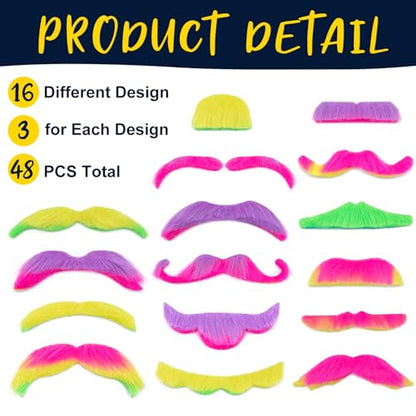 48 Pcs Fake Mustaches, Self Adhesive Fake Beard, Novelty Hairy Beard, Costume Facial Hair for Halloween Party - color: Color+black