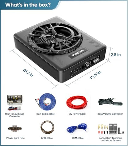 10" 1200W Under Seat Car Subwoofer and amp package，Subs with RGB LED Light | Built in Amplifier,Slim design,Include Mounting Wire Kit,Car/Truck Audio Sub Subwoofer