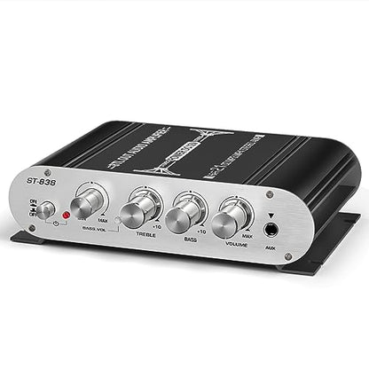 Facmogu ST-838 2.1CH Mini Amplifier, RMS 20Wx2 + 40W Passive Subwoofer Amp | Bass & Treble Control | RCA/AUX Input | Compact Stereo Audio Receiver for Home, Car & DIY Speakers | w/Power Supply - Black - color: ST-838 Black (20Wx2 + Passive Subwoofer)