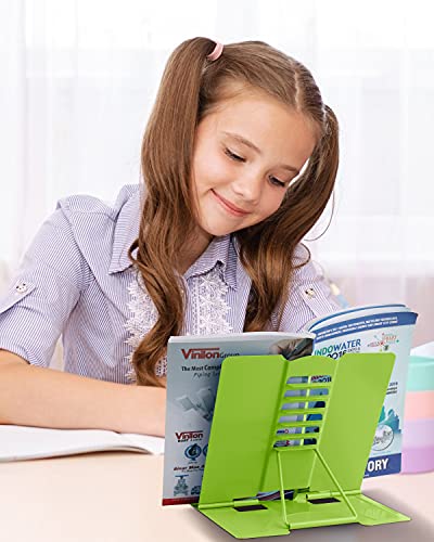 MSDADA Book Stand Metal Reading Rest Book Holder Adjustable Cookbook Documents Holder Portable Sturdy Bookstands for Recipes Textbooks Tablet Music Books with Page Clips (Green) - color: Green