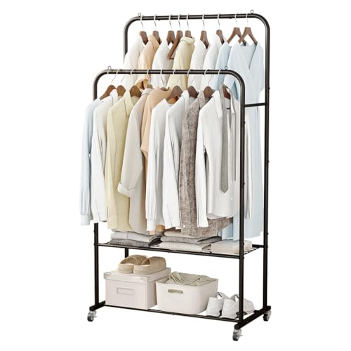 SUOERNUO Clothes Rack with Lockable Wheels Double Rods Metal Garment Racks - color: Black, size: 31.49"D x 16.54"W x 61.61"H