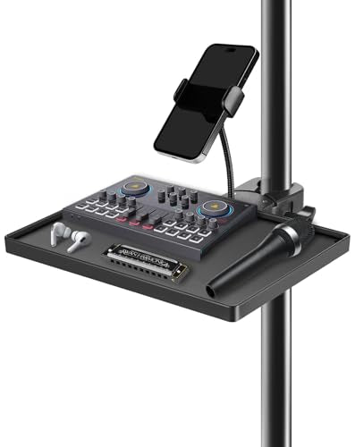 Mic Stand Tray 10.6" x 7.8" Large with Crab Clamp for Mixers & Gear | Sturdy ABS, Firm Grip, Easy ON/OFF, 5.5 lbs Capacity, Clamps on Microphone, Music, Drum Stands & Tripod, for Studio, Podcast - style: Tray with Phone Holder