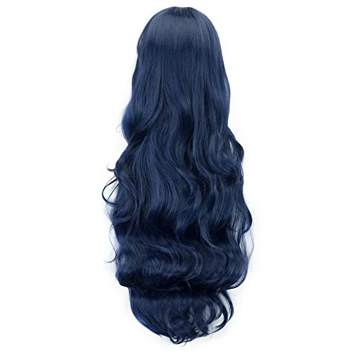 IMISSU 80cm Long Curly Natural Hair Cosplay Wig with Bangs Colorful Halloween Costume Party Wigs for Women (Dark Blue) - color: Dark Blue