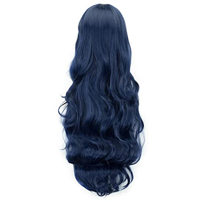 IMISSU 80cm Long Curly Natural Hair Cosplay Wig with Bangs Colorful Halloween Costume Party Wigs for Women (Dark Blue) - color: Dark Blue