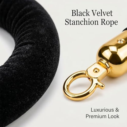 6-Pack Black Velvet Stanchion Ropes, 5ft Crowd Control Barrier with Gold Hooks for Events, Parties, Weddings, Hotels, Movie Theaters, Red Carpet Openings