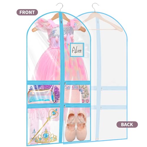 Linodes Dance Costume Bags Garment Bag 40''x22'' Waterproof for Dance Travel/Competition Storage with 2 Small, 2 Medium Clear Zipper Pockets and 1 Large Back Zipper Pocket-PVC (Blue-PVC, 40''- 6 Pack) - size: 40''- 6 Pack