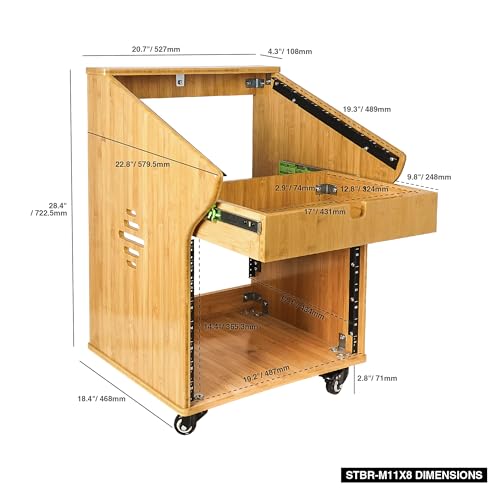 Sound Town DIY Solid Carbonized Bamboo Recording Studio Rack with 11U Slant Mixer Top, 8U Front, 2U Drawer, Rubber Feet, Casters, for Recording Room, PA/DJ Equipment, Home-Audio (STBR-M11X8) - size: 8U w/ Mixer Top, 2U Drawer