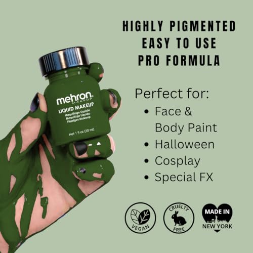 Mehron Makeup Liquid Makeup - GREEN, Face & Body Paint | 1 Fl oz Water-Based Face Paint & Body Paint Perfect for Halloween & Cosplay. Air Brush Compatible. Vegan & Made in the USA. - color: Green