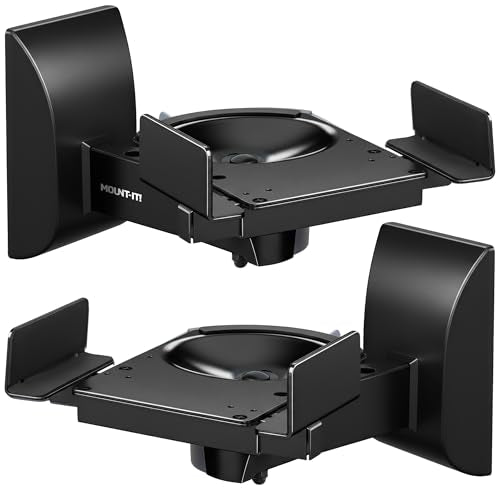 Mount-It! Bookshelf Speaker Wall Mount, Pair of Universal Side Clamping Speaker Shelf Wall Mounting Brackets for Large or Small Speakers, 2 Full Motion Mounts, 55 Lbs Capacity, Black (MI-SB37)