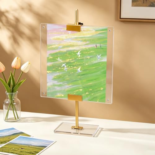 Acrylic Easel Display Stand Adjustable Metal Tabletop Easel Stand with Acrylic Floating Photo Frame 16.5" for Display Picture,Art,Poster,Table Easel for Wedding Home (Gold)
