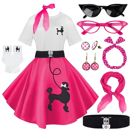 1950s Poodle Skirt Outfit Women 50s Sock Hop Costume T Shirt Accessories - color: Hot Pink, size: X-Large