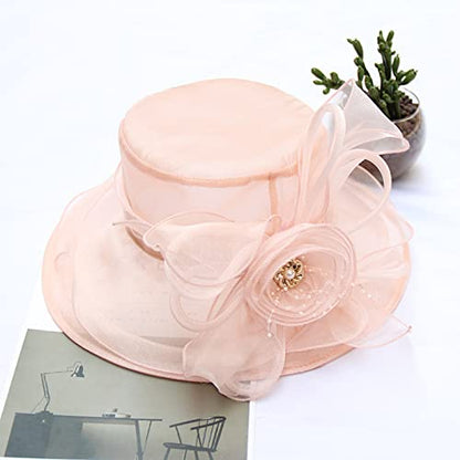 Women Derby Fascinator Hat Organza Church Wedding Hats Wide Brim Cocktail Tea Party Hat - color: 08 Peach Pink
