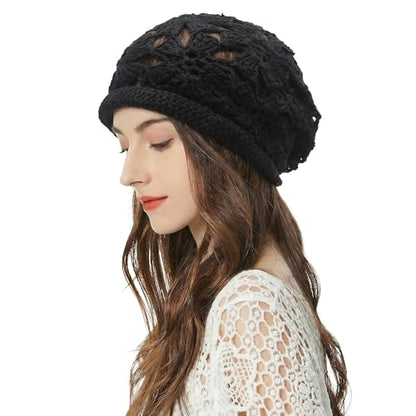 ZLYC Women Cotton Crochet Slouchy Beanie Hat Handmade Knit Summer Skull Cap | Lightweight breathable,boho casual chic look,travel photos festival party,café commute daily wear,beach concert gathering - color: Crochet Black