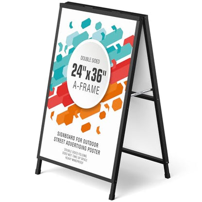 A Frame Sign 24x36 Inch Sandwich Board, Heavy Duty Double-Sided Folding Sidewalk Signboard, Slide-in Steel Metal Frame Sign Display Holder for Outdoor & Indoor Street Poster, Businesses, Advertising