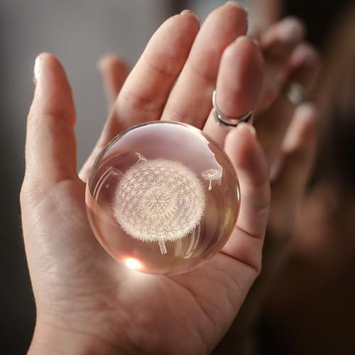 Flexzion 3D Dandelion Crystal Ball Night Light - LED Light Hologram Glass Lamp with Solid Wood Base, USB Powered Crystal Ball Lamp with Adjustable Brightness for Home Decor Display Gift, 2.4inch(60mm) | Dandelion Lamp with Solid Beech Wood Base and Adjust