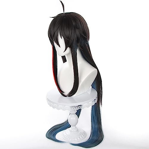 Anime Black Blue mixed Red Wigs Men Long Straight Wig with Ahoge Bangs Layered Haircut Adult Game Dragon Lunae Cosplay Wigs Halloween,Christmas,Comic con,Game Show,Party - color: Black Blue