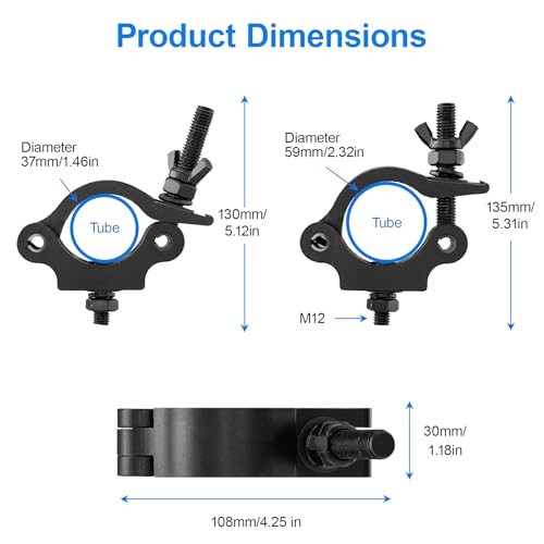 6 Pack Heavy Duty Truss Clamp Aluminum Alloy Stage Light Clamp | DJ Light Clamps Fits 40-52mm OD Pipe O-Clamp for Par Light Moving Head Spotlight Stage Lighting Accessories, 440lb, Black