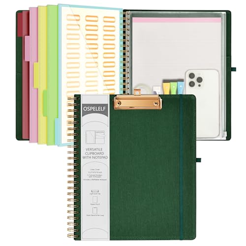 Ospelelf Foldable Spiral Clipboard Folio with Storage Zipper Pouch, 5 Plastic Folders with 10 Pockets,Refillable Lined Notepad (11" x 8.5"), Hardcover Project Organizer with 39 Stickers (Dark Green) - color: Dark Green