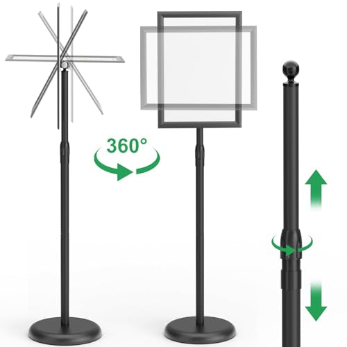 GUOHONG 2Pack Sign Stand 8.5x11 Inch, Adjustable Floor Standing Sign Holder | Heavy Duty Poster Stand Aluminum, Snap Open Frame, 360° Rotation Vertical Horizontal, Round Base for Mall, School, Restaurant