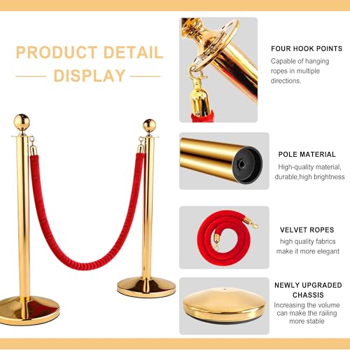 4 Pcs Modular Crowd Control Stanchion, Set with 5 Pcs 5 ft Red Velvet Ropes, Stainless Steel Crowd Control Barriers, Heavy-Duty Fillable Base, Splicing Style Stanchion Rope Divider (4 / Golden） - color: Golden
