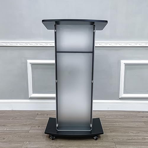 FixtureDisplays® 23.8x15x46.7" Acrylic Church Podium Pulpit Debate Conference Lectern Plexiglass Lucite Black Wood Shelf on Wheels 1803-5-BLACK-NEW-2D