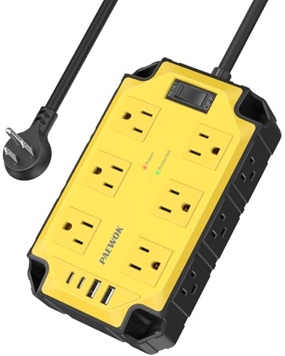 12AC Magnetic Heavy Duty Power Strip, 6.5 FT Extension Cord Surge Protector | PAEWOK 15 Amps/1200 Joules, 4 USB Ports (2 USB-C), Power Strip for Industrial Shop Garage, Yellow - style: 12AC+USB