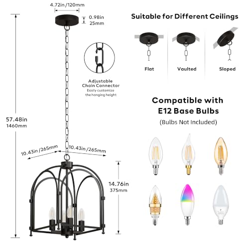 Phaosio 4-Light Black Chandelier, Farmhouse Lantern Chandelier | Industrial Metal Cage Light Fixture, Rustic Geometric Design, Adjustable Height, E12 Base, Kitchen Island, Entryway, Foyer - color: Black (Arch Cage)