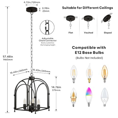 Phaosio 4-Light Black Chandelier, Farmhouse Lantern Chandelier | Industrial Metal Cage Light Fixture, Rustic Geometric Design, Adjustable Height, E12 Base, Kitchen Island, Entryway, Foyer - color: Black (Arch Cage)