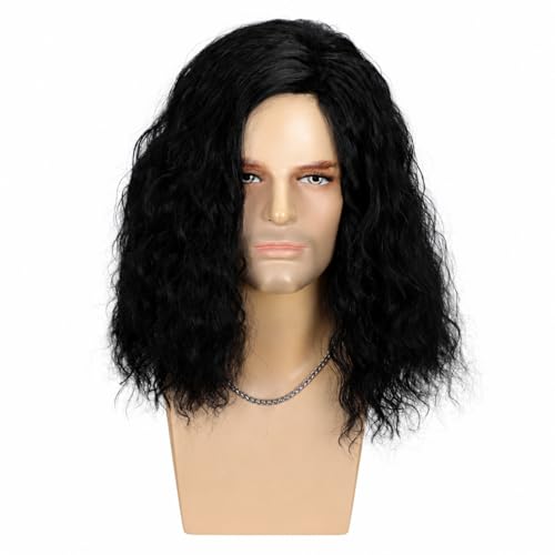 Mens Black Curly Wig Mid Length Wavy Synthetic Hair Wigs for Men Male Costume Party Cosplay Halloween or Fun (14inch, Black) - color: Short Black