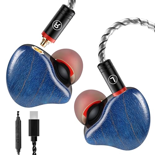 in-Ear Monitor Wired Earphones with Tesla Dual Dynamic Drivers, 3.5mm Headphones with Microphone & Control, MMCX Detachable Cable, Blue Wood Grain Design, HiFi Bass Stereo Earbuds - color: Blue, size: Type-C With Mic