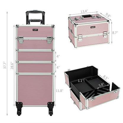 mefeir 4 in 1 Rolling Makeup Train Case, Aluminum Makeup Travel Organizer Cosmetic Case, Cosmetology Display Suitcase on Wheels, Beauty Storage Luggage Lockable w/4 Removable Wheels (Pink) - color: Pink