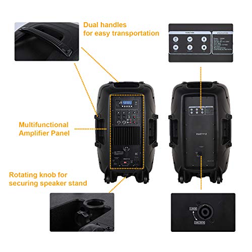 RECK Party 12 12-Inch 1000 Watts 2-Way Powered PA Speaker System Combo Set with Bluetooth/USB/SD Card Reader/FM Radio/Remote Control/Speaker Stand